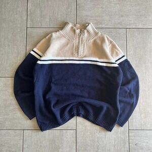 Liz Claiborne Mens XL Quarter Zip Sweater Navy Tan Striped Cotton Knit LS023